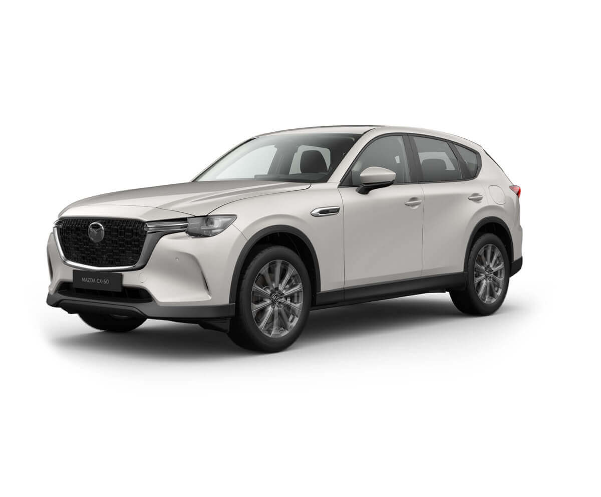 Der brandneue Mazda CX-60 in der Karosseriefarbe Sonic Silber und der Modellvariante Exclusive-Line