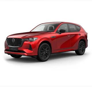 Der brandneue Mazda CX-60 in der Karosseriefarbe Crystal Soul Rot und der Modellvariante Homura.