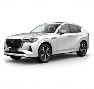 Der brandneue Mazda CX-60 in der Karosseriefarbe Rhodium White und der Modellvariante Takumi.