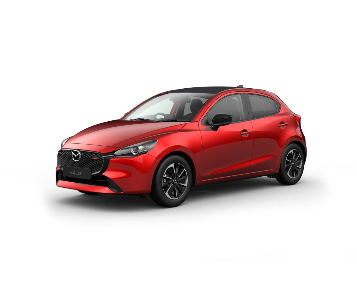 The Mazda2 in Soul Red Crystal exterior colour in the Homura-AKA grade