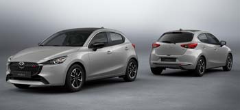 Two Mazda2 parked next to each other,  shown from the front and rear.