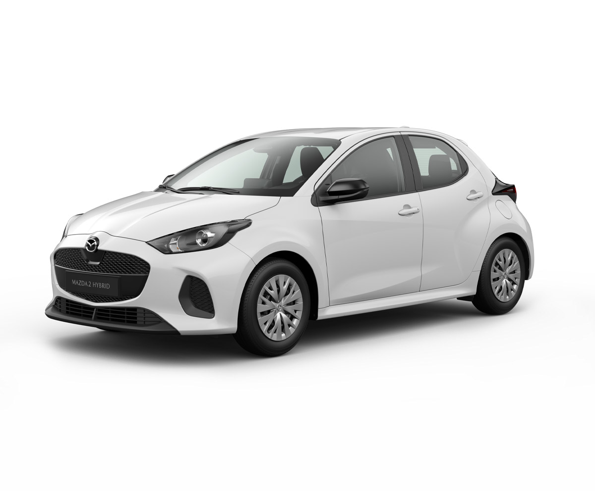 Mazda2 Hybrid v bílé barvě karoserie Lunar White v úrovni výbavy Prime-line