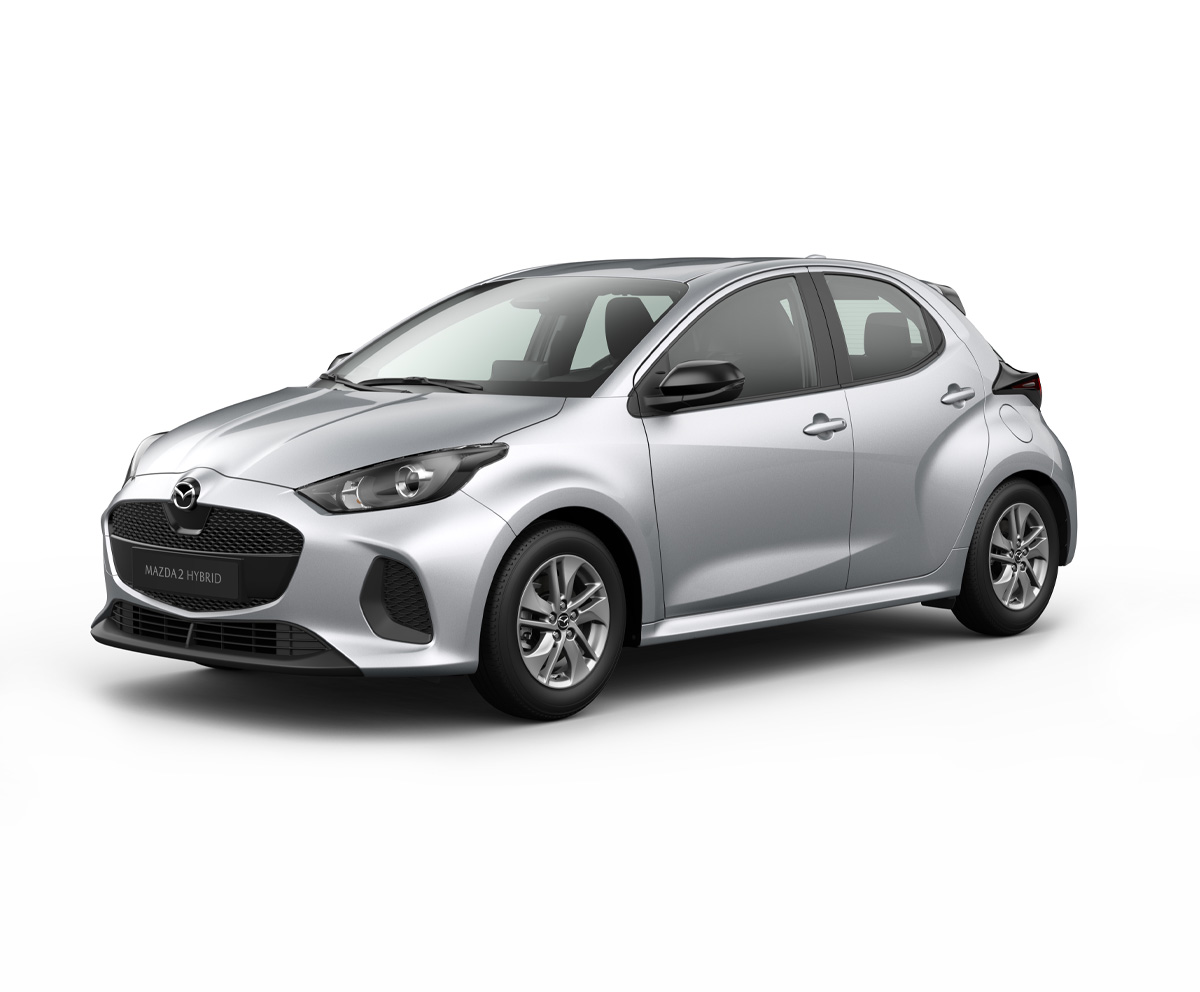 Mazda2 Hybrid i karrosserifarven Stormy Silver med Centre-line-udstyr