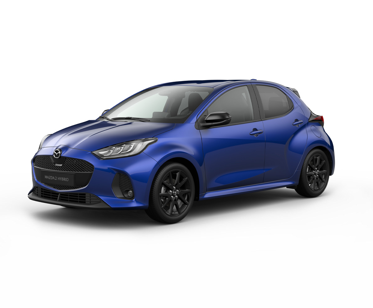 Mazda2 Hybrid i karrosserifarven Glass Blue med Homura Plus-udstyr