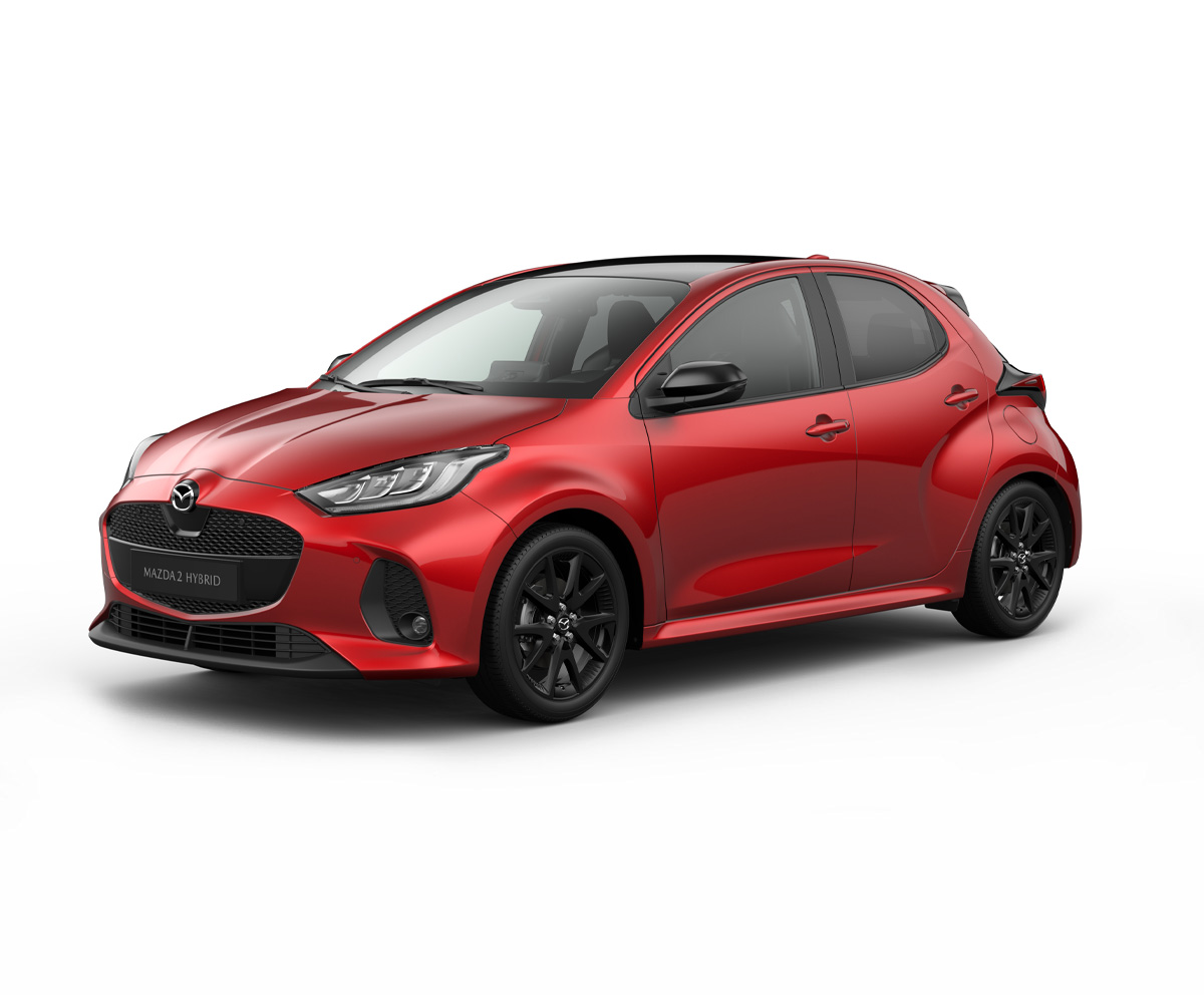 Mazda2 Hybrid i karrosserifarven Formal Red med Homura Plus-udstyr