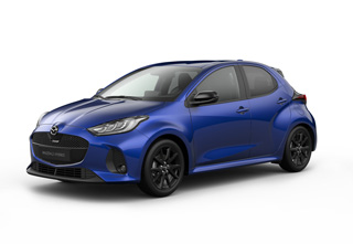 Mazda2 Hybrid i karrosserifarven Glass Blue med Homura Plus-udstyr