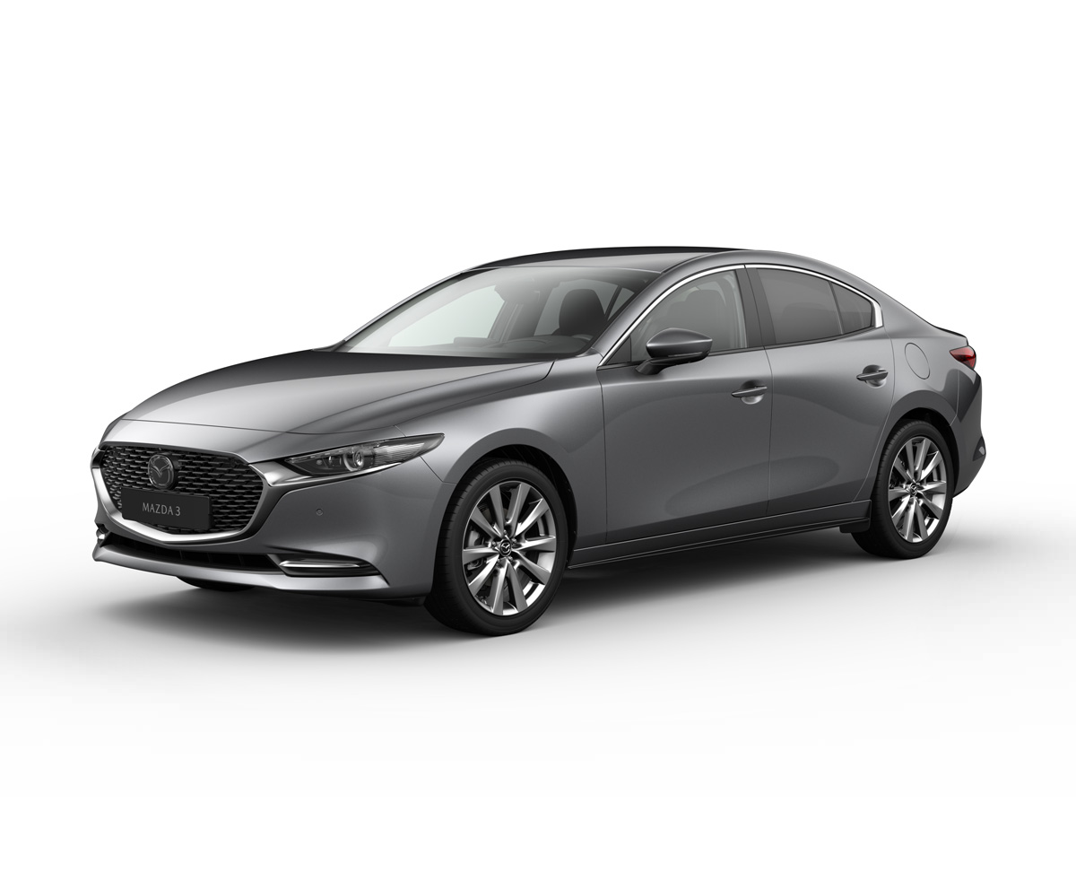 Mazda3 Седан в цвят на купето Machine Grey при ниво на оборудване Exclusive-Line.