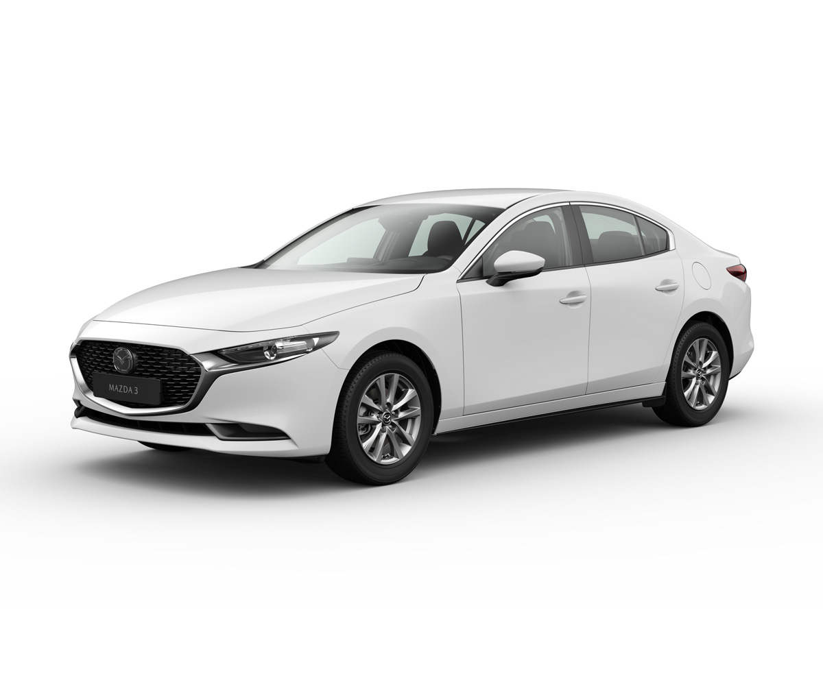 Mazda3 Седан в цвят на купето Arctic White с оборудване Prime-Line