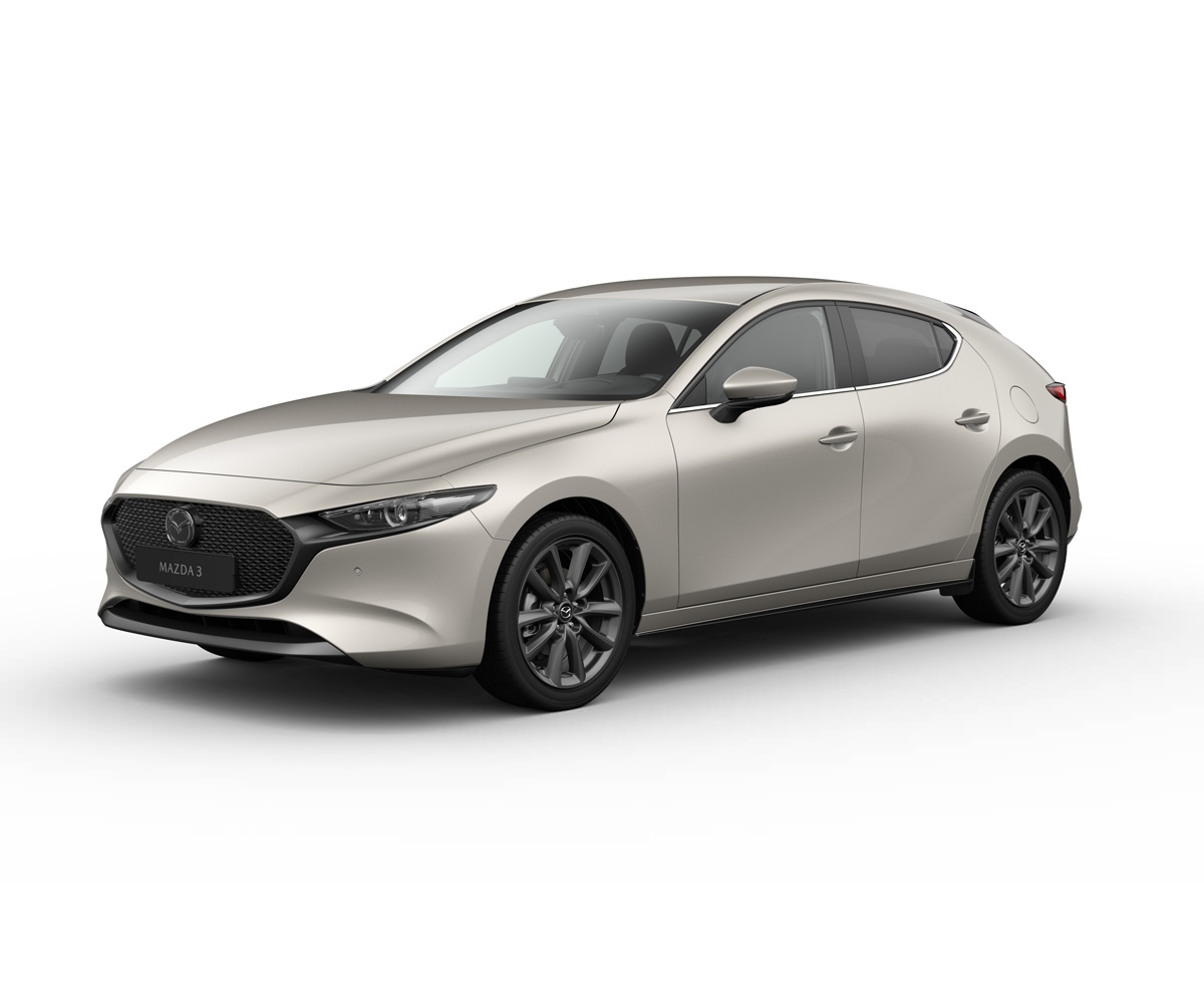 Mazda3 Hatchback i karrosserifarven Platinum Quartz med Exclusive-Line-udstyr.