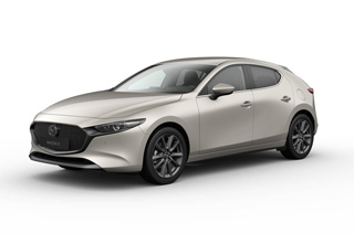 Mazda3 Hatchback i karrosserifarven Platinum Quartz med Exclusive-Line-udstyr.