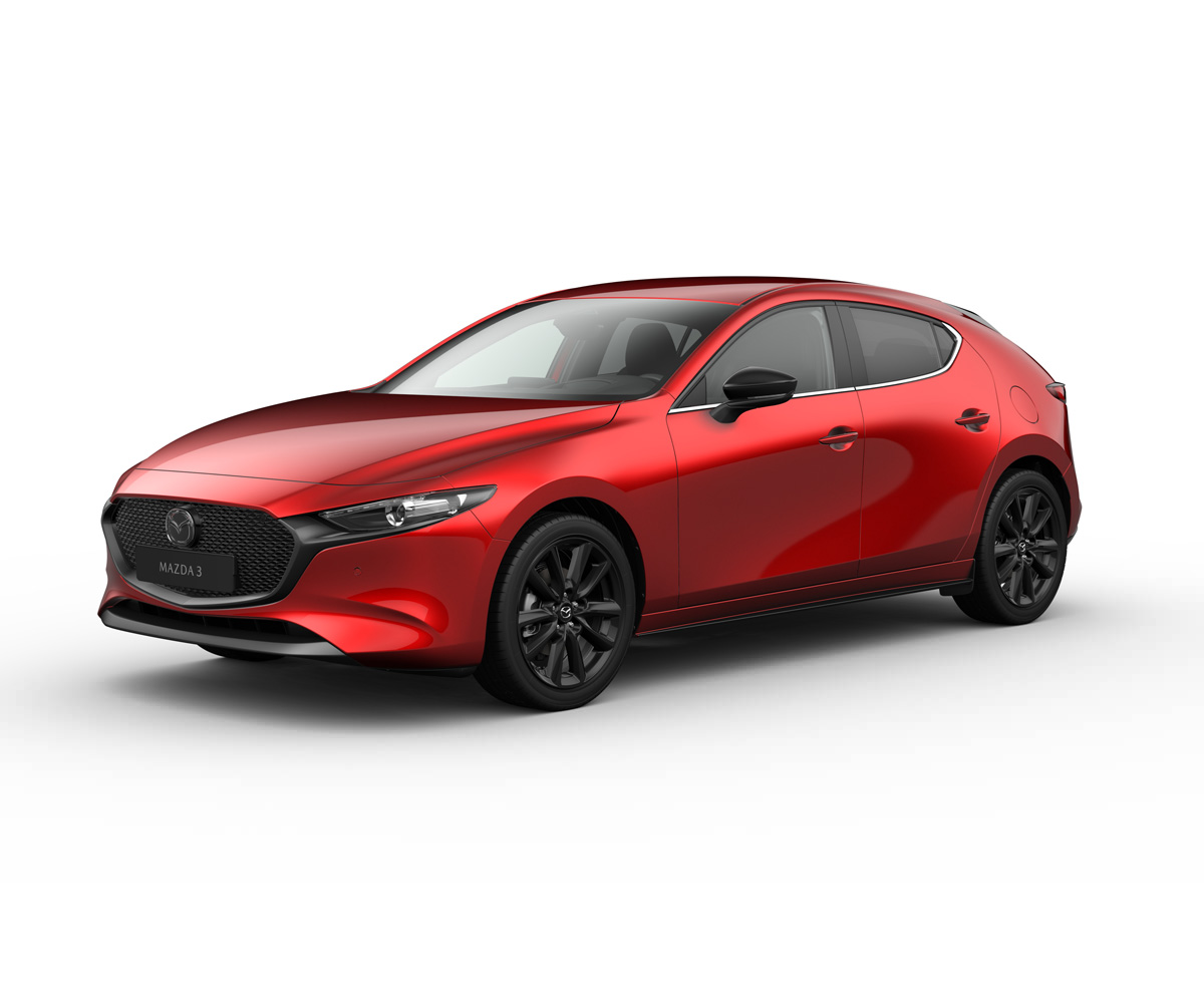 Mazda3 Hatchback i karrosserifarven Soul Red Crystal med Homura-udstyr.