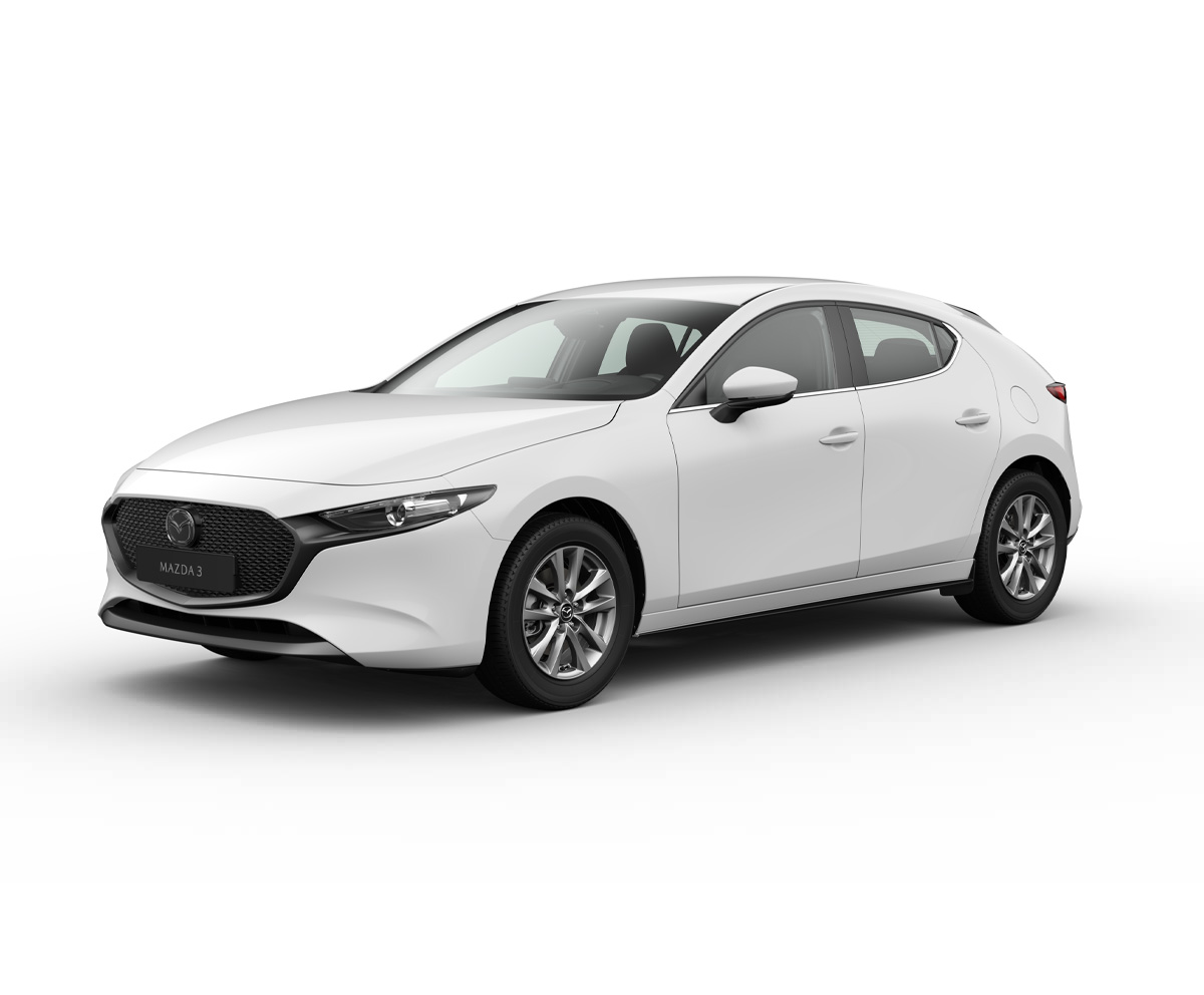 Mazda3 Hatchback i Arctic White-karrosserifarve med Prime-Line-udstyr