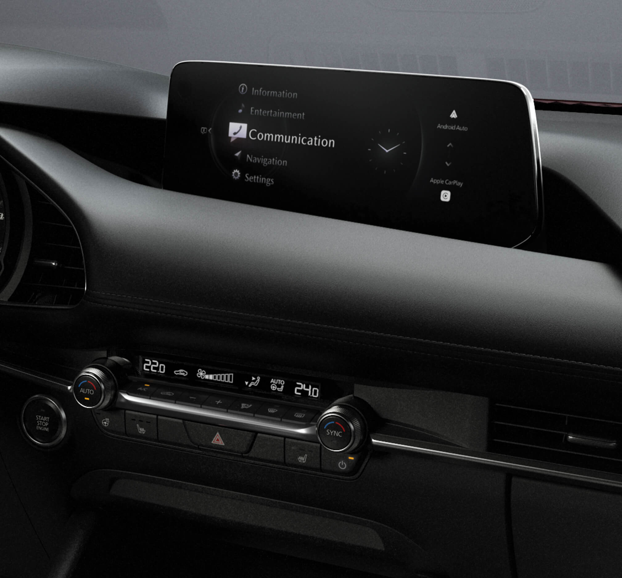 Der neue 10,25“-Touchscreen im Mazda3 unterstützt drahtloses Apple CarPlay und Android Auto.