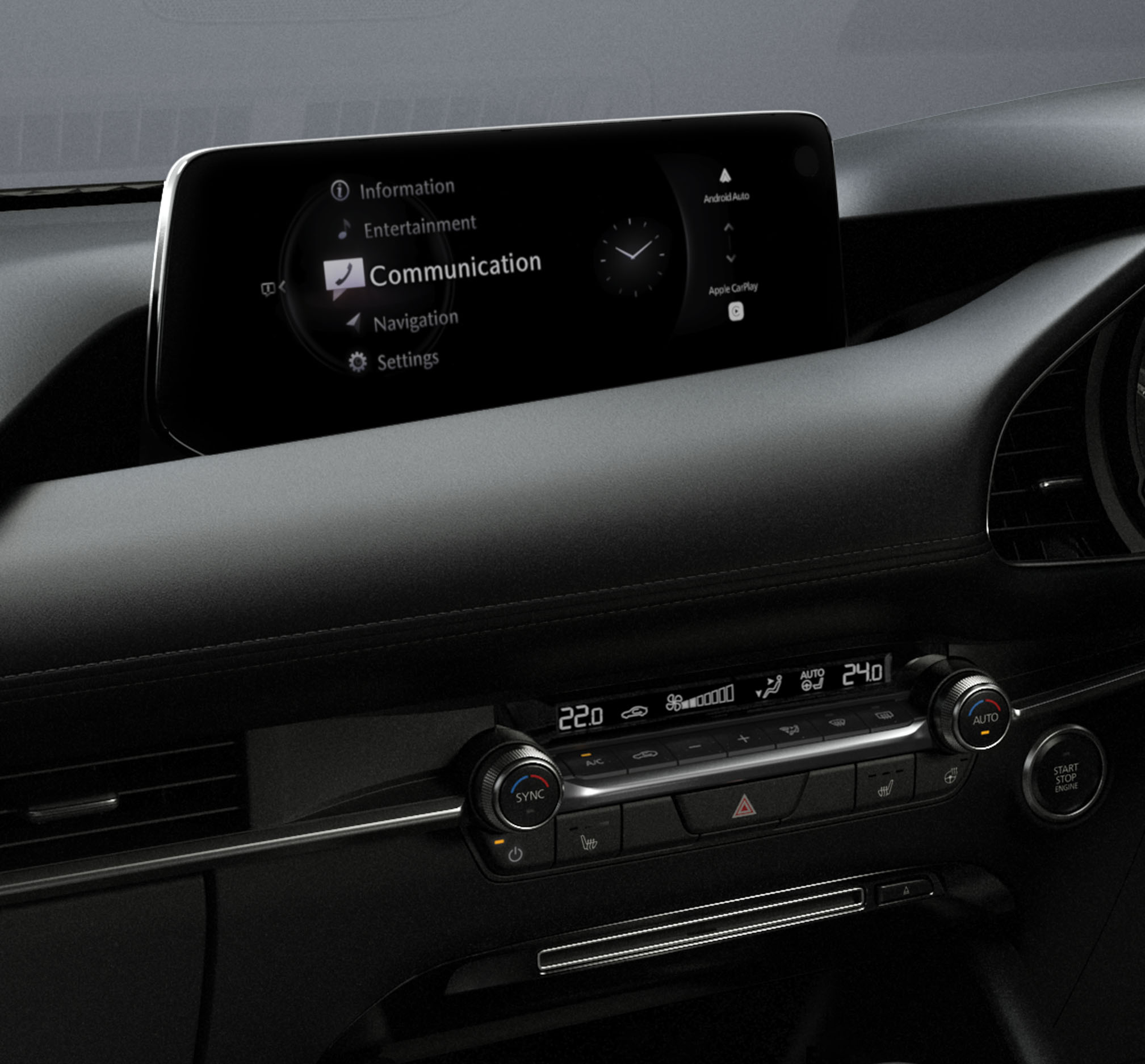 The new 10.25-inch touchscreen inside the Mazda3 supports wireless Apple CarPlay and Android Auto.