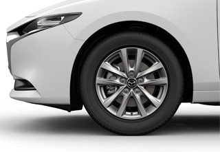 Jantes en alliage léger 16” en couleur argent sur la Mazda3 Sedan avec niveau de revêtement de siège Prime-Line