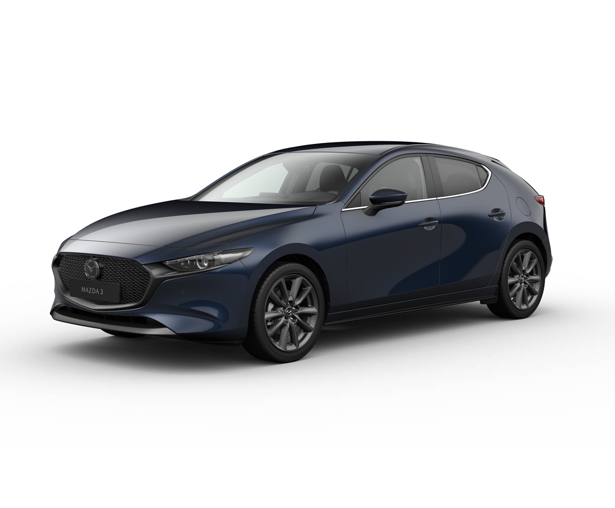 La Mazda3 Hatchback en coloris de carrosserie Deep Crystal Blue, avec équipements Takumi