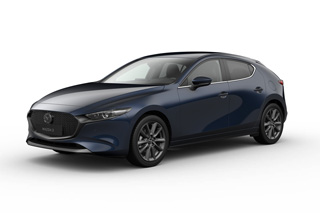 La Mazda3 Hatchback en coloris de carrosserie Deep Crystal Blue, avec équipements Takumi