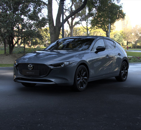 Profile view of the Mazda3 in Polymetal Grey