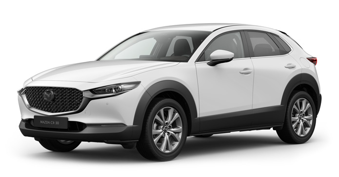 Mazda CX-30 în culoarea Arctic White