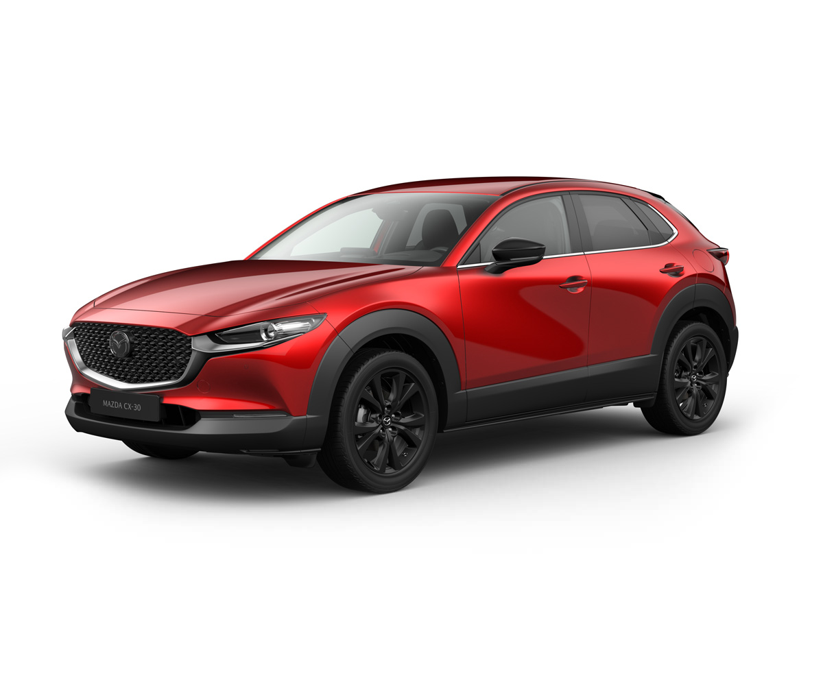 Exteriorul Mazda CX-30 Homura în culoarea Soul Red Crystal