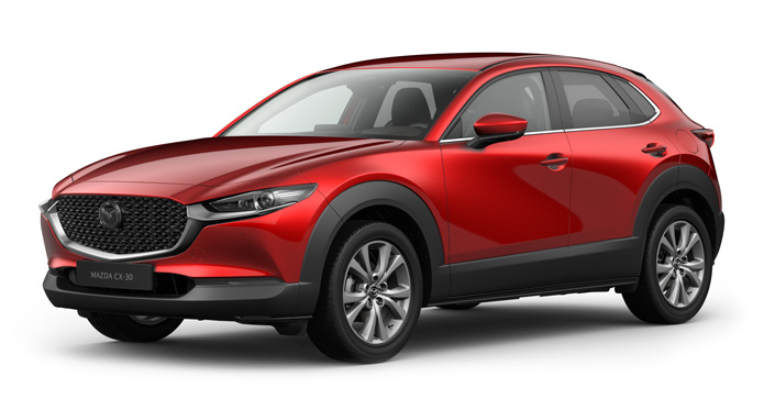 Mazda CX-30 în culoarea Soul Red Crystal