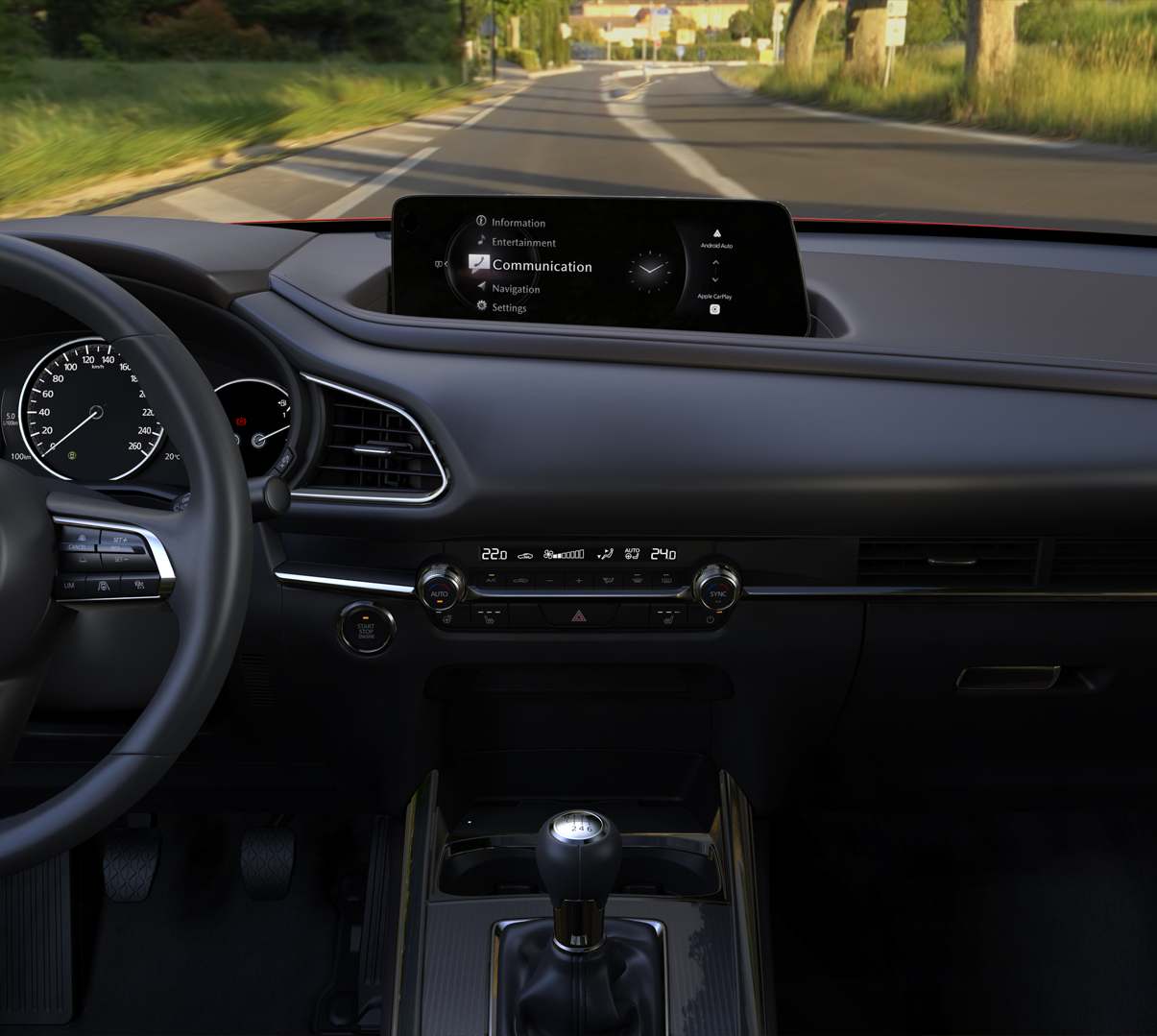 La nueva pantalla táctil de 10,25" del interior del Mazda CX-30 admite la conexión inalámbrica con Apple CarPlay y Android Auto.