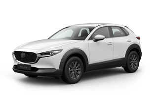 Mazda CX-30 в цвят на купето Arctic White в ниво на оборудване Prime-Line