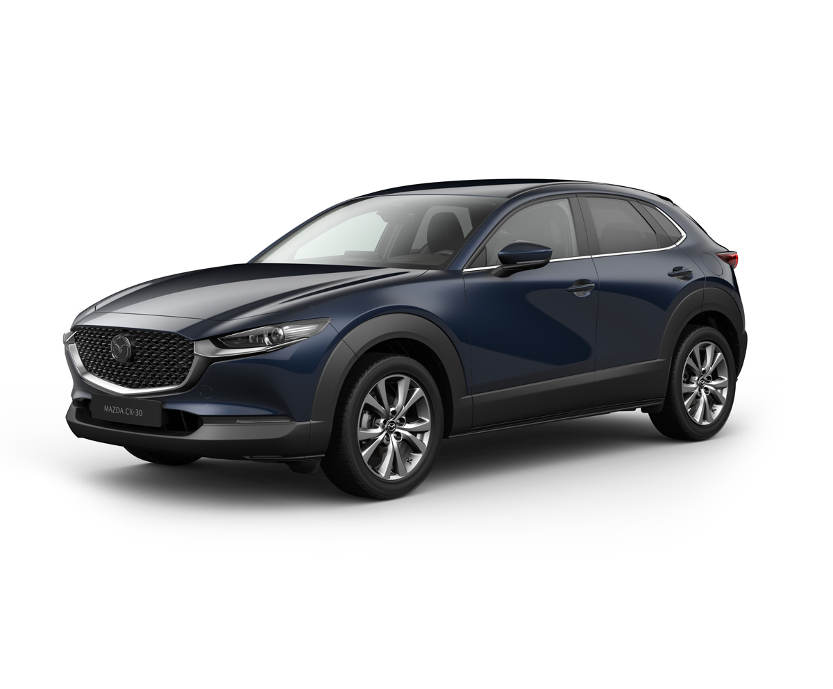 Mazda CX-30 in Deep Crystal Blue body color in Takumi equipment