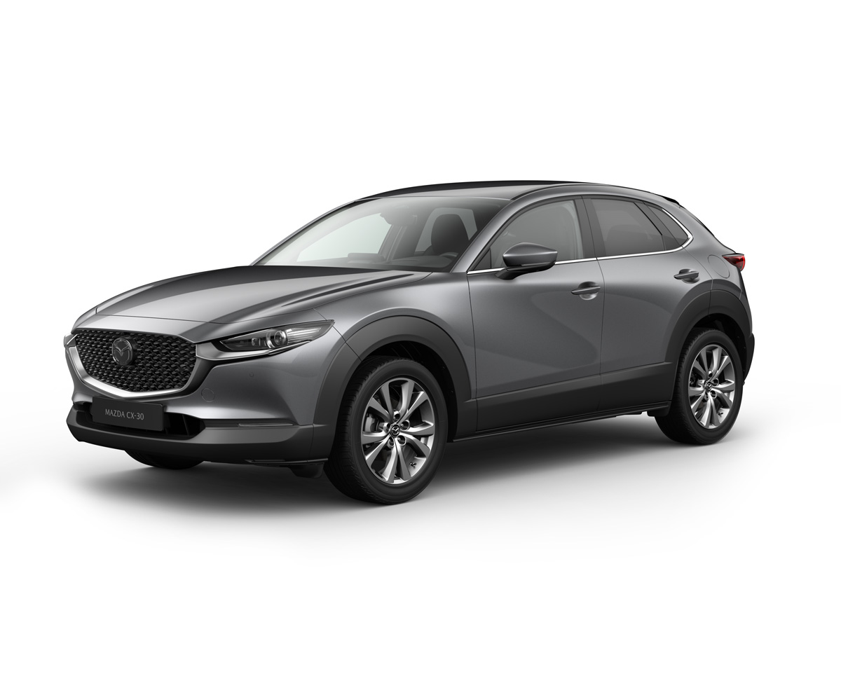 Mazda CX-30 i karrosserifarven Machine Grey med Exclusive-Line-udstyr.