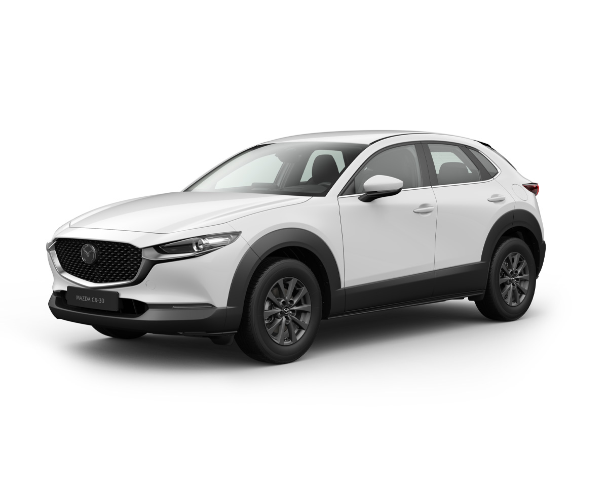 Mazda CX-30 i karrosserifarven Arctic White med Prime-Line-udstyr