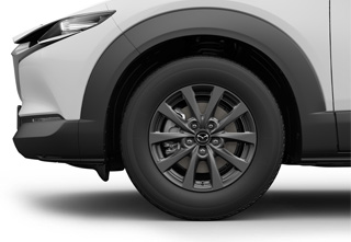 16 tommer aluminiumsfælge på en Mazda CX-30 med Prime-Line-udstyrsniveau