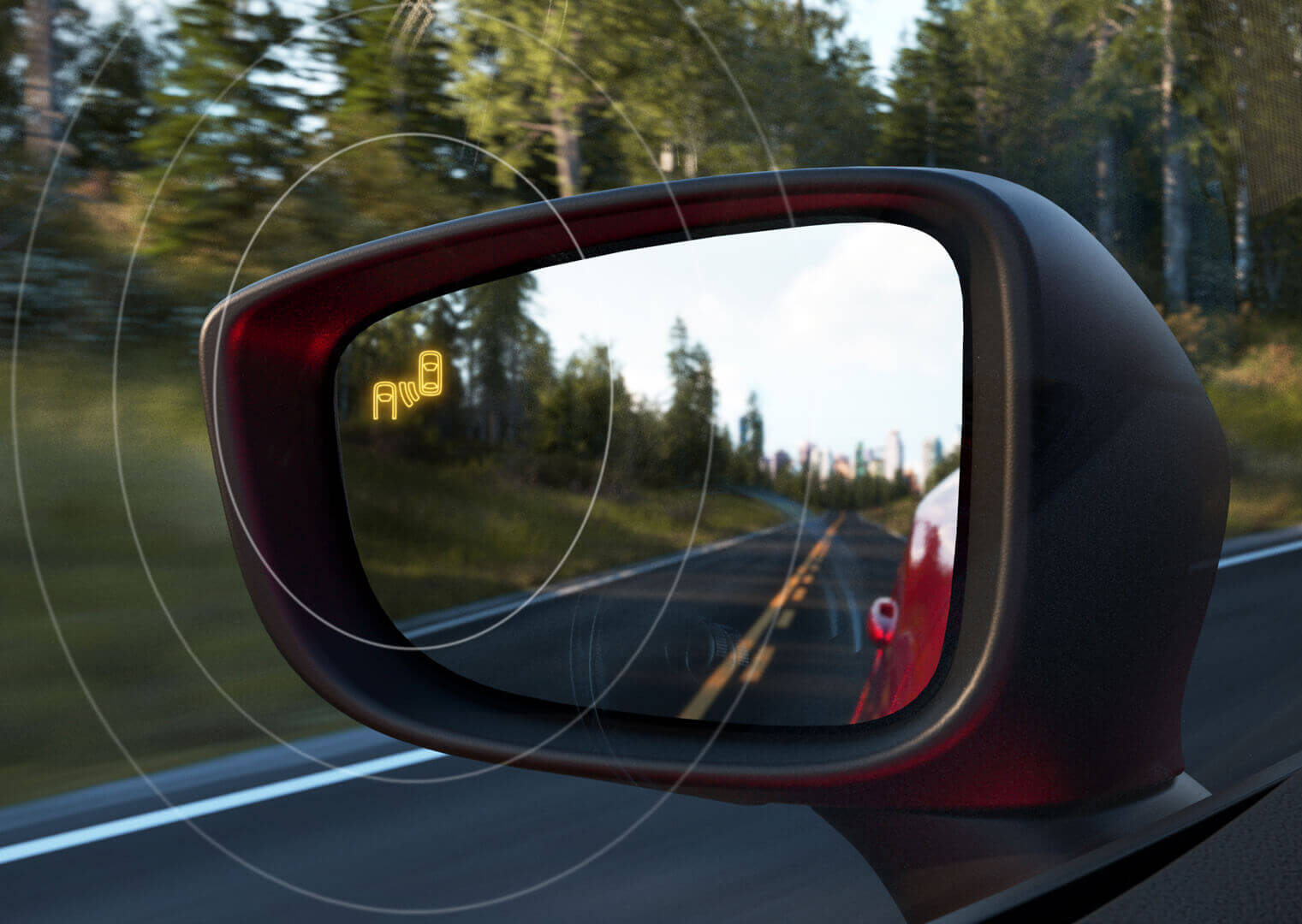 Warnsignal des Spurwechselassistenten mit Totwinkelwarner BSM im Seitenspiegel des Mazda CX-30.