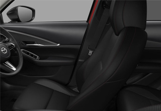 Black Cloth Seats, Dashboard, Armrest with Red Stitch in the Mazda CX-30 Homura trim level.