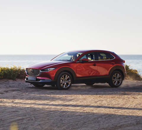 The all-new Mazda CX-30 in red pictured from the side parked by a beach.