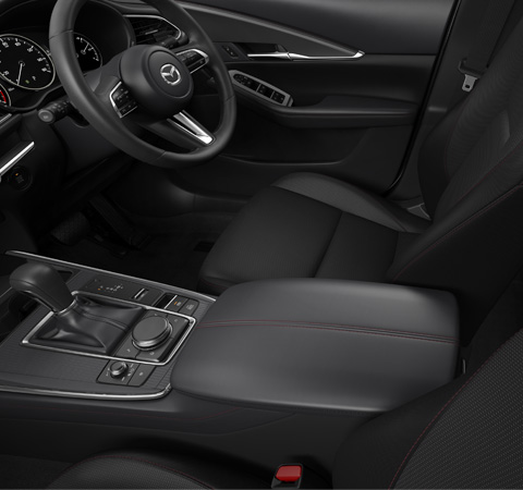 The Black Cloth Seats with Red Stitch of the Mazda CX-30