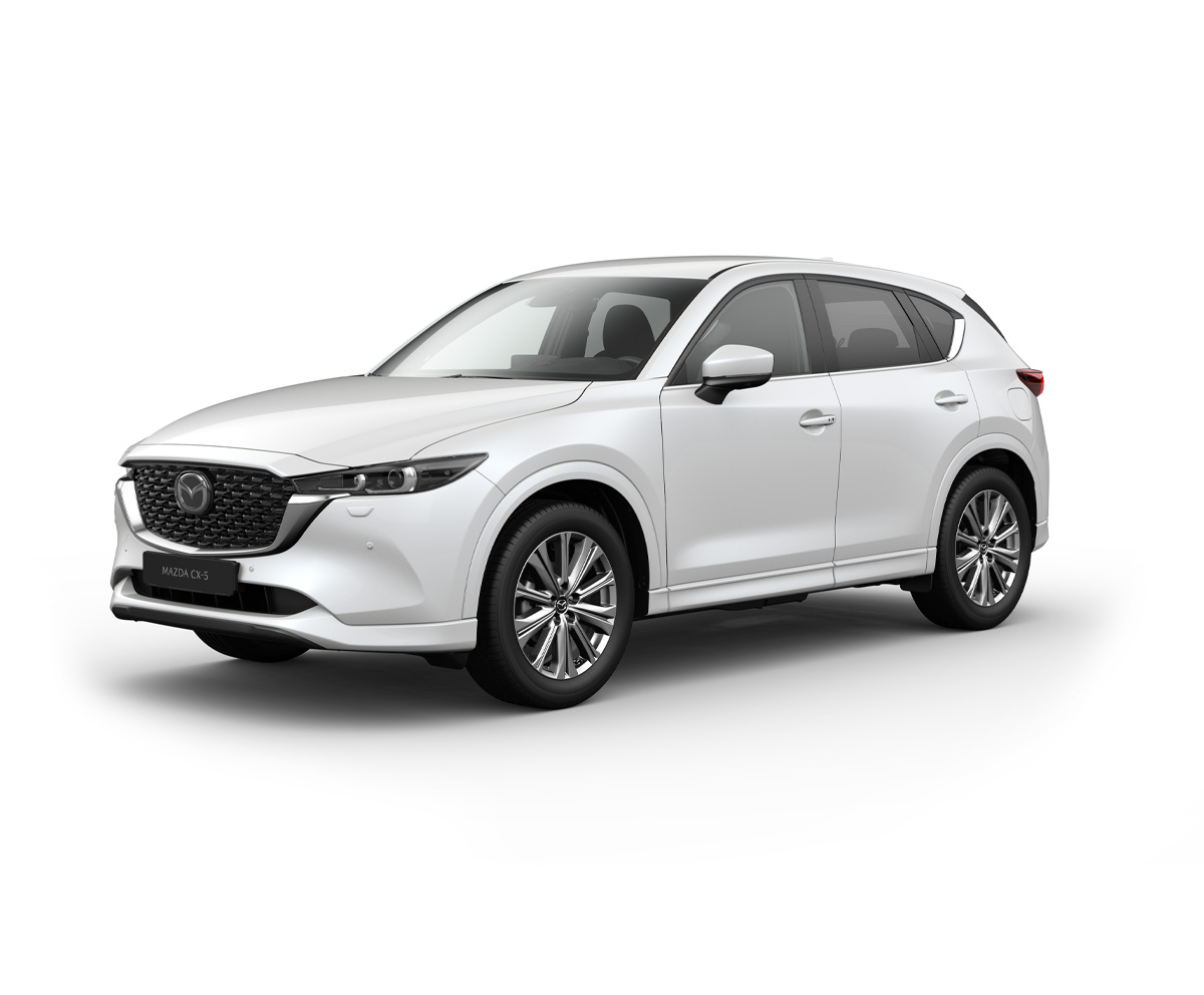 Mazda CX-5 klase Takumi u Rhodium White boji spoljašnjosti.