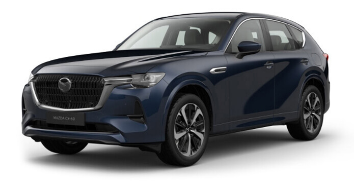 Изцяло новата Mazda CX-60 Plug-In Hybrid SUV се предлага с осем цвята на екстериора, тук: кралско син перлен металик