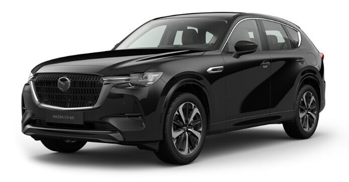 Изцяло новата Mazda CX-60 Plug-In Hybrid SUV се предлага с осем цвята на екстериора, тук: черен перлен металик