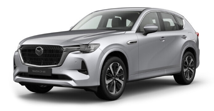 Изцяло новата Mazda CX-60 Plug-In Hybrid SUV се предлага с осем цвята на екстериора, тук: сребърен перлен металик