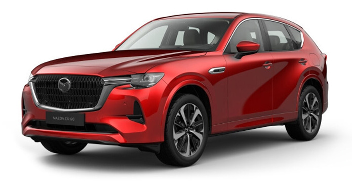 Изцяло новата Mazda CX-60 Plug-In Hybrid SUV се предлага с осем цвята на екстериора, тук: кристален страстно червен трислоен металик