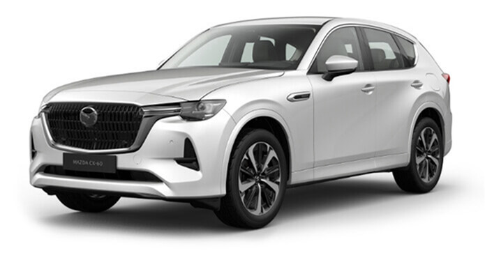 The all-new Mazda CX-60 Plug-In Hybrid SUV is available in a choice of eight exterior colours, here: Rhodium White