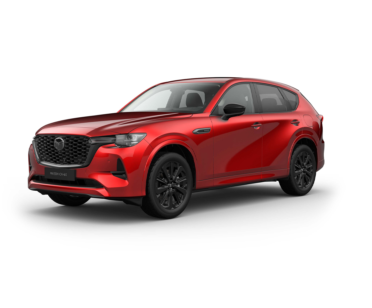 Изцяло новата Mazda CX-60 в екстериорен цвят Soul Red Crystal в клас Homura.