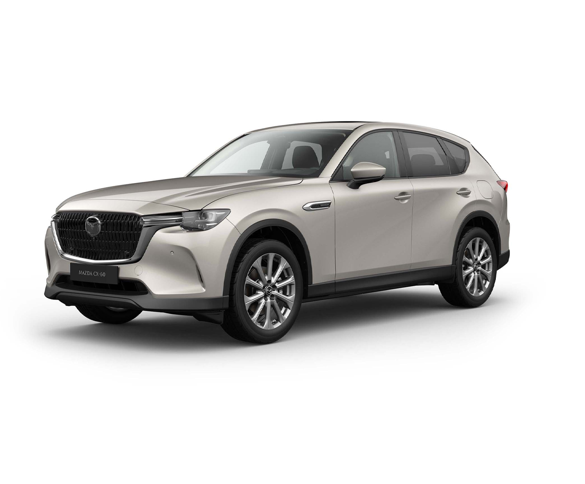 Zcela nová Mazda CX-60 v barvě exteriéru Sonic Silver ve třídě Exclusive-Line