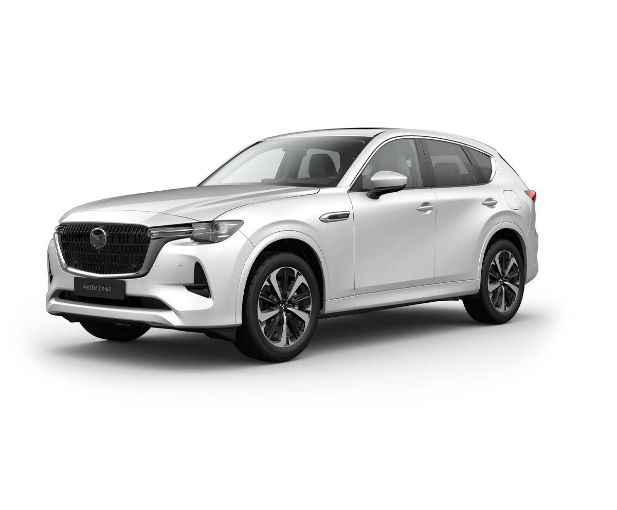 Den helt nye Mazda CX-60 i Rhodium White udvendig farve i Takumi-kvaliteten.