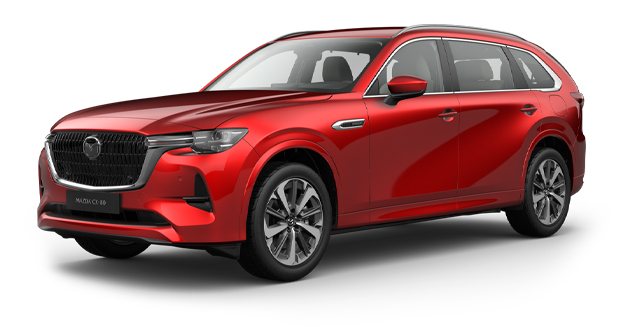 Mazda CX-80 in der Farbe Soul Red Crystal