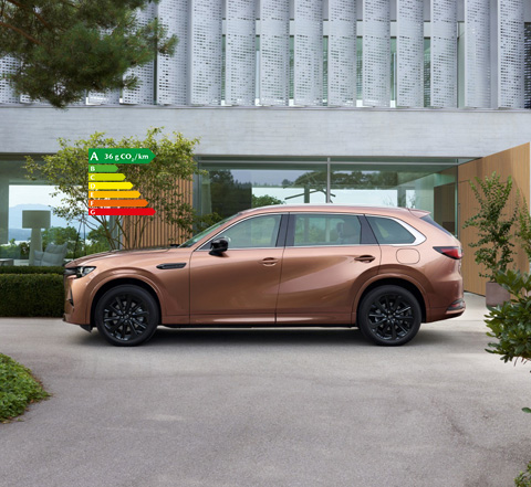 Vue de profil du Nouveau Mazda CX-80 stationné devant une maison avec une grande baie vitrée.