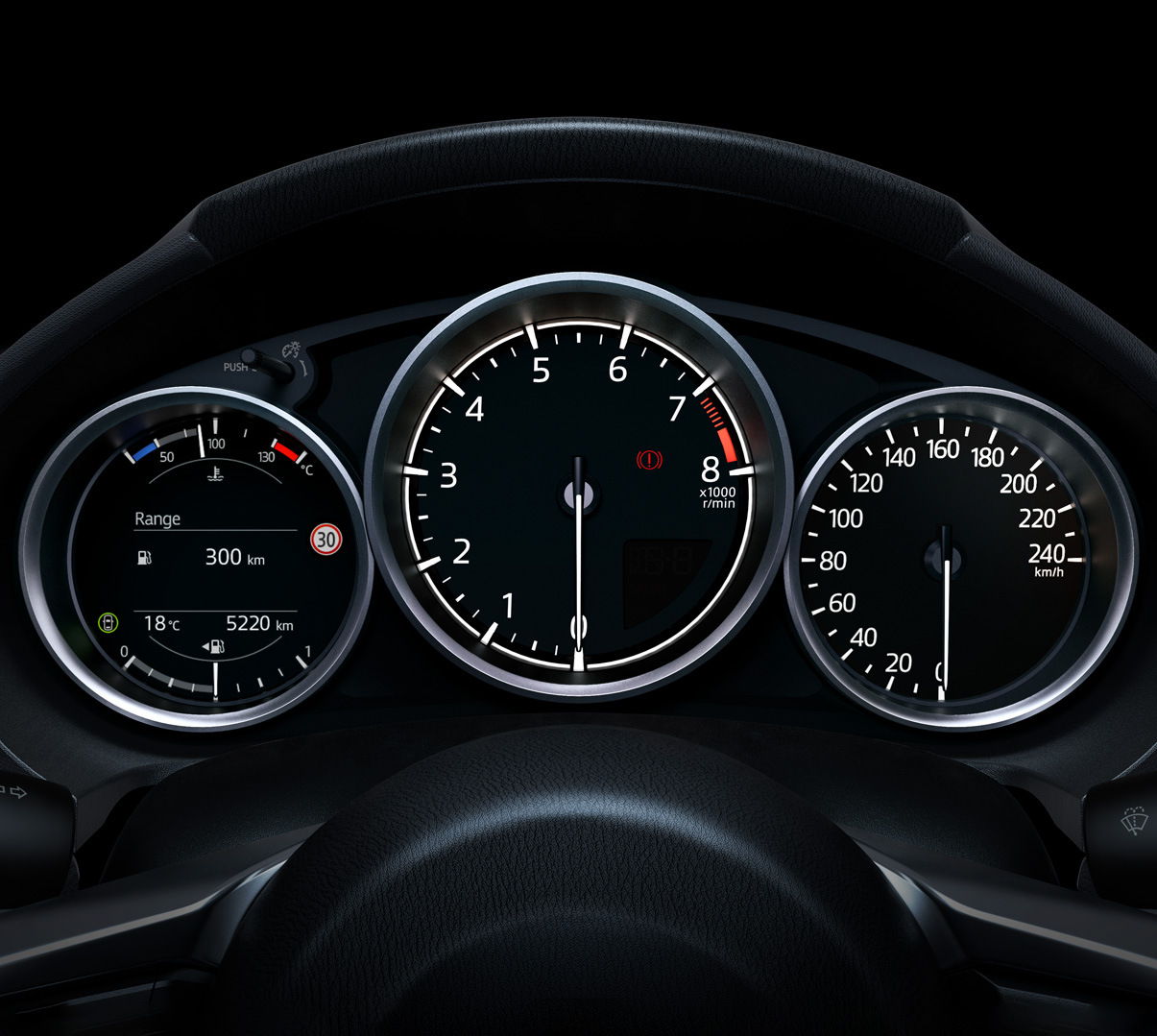 The dashboard with gauges and speedometer of the Mazda MX-5 Roadster.