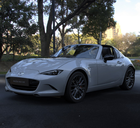 Profiel van de Mazda MX-5
 in Ceramic White.