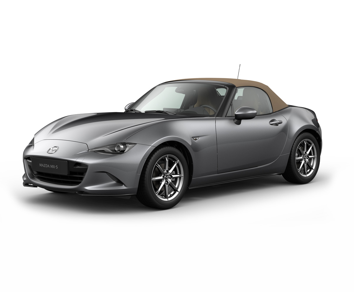 Mazda MX-5 Roadster i karrosserifarven Machine Grey med Kazari-udstyr