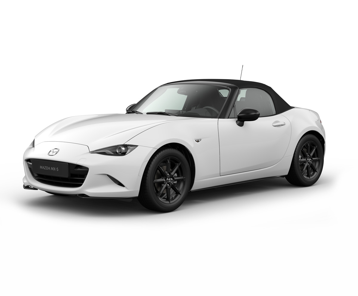 Mazda MX-5 Roadster i karrosserifarven Arctic White med Prime-line-udstyr